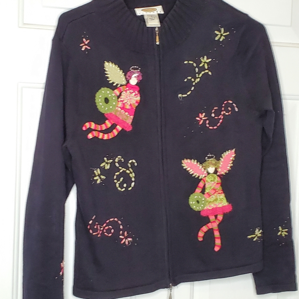 Talbots Petite Small Cardigan With Angels HAS DAMAGE